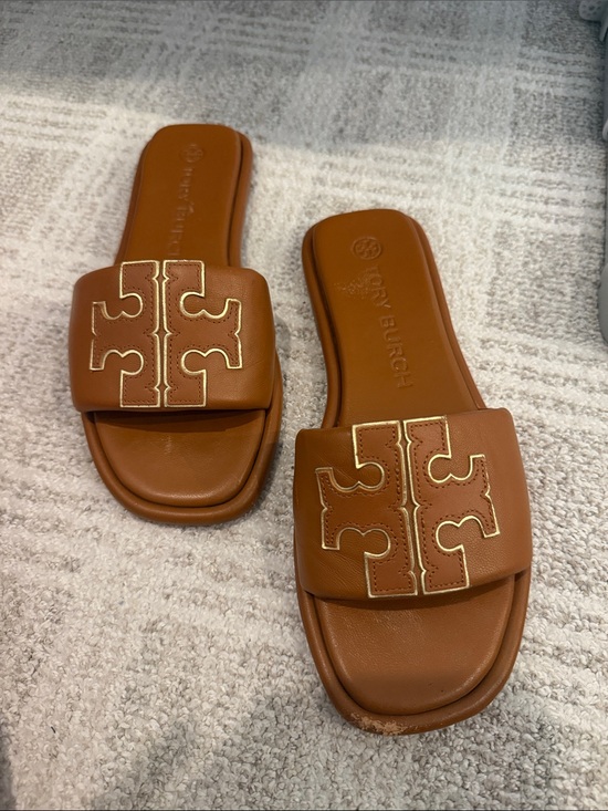 Tory Burch Shoes - Tory Burch Cognac Leather Slide Sandals with Gold Logo